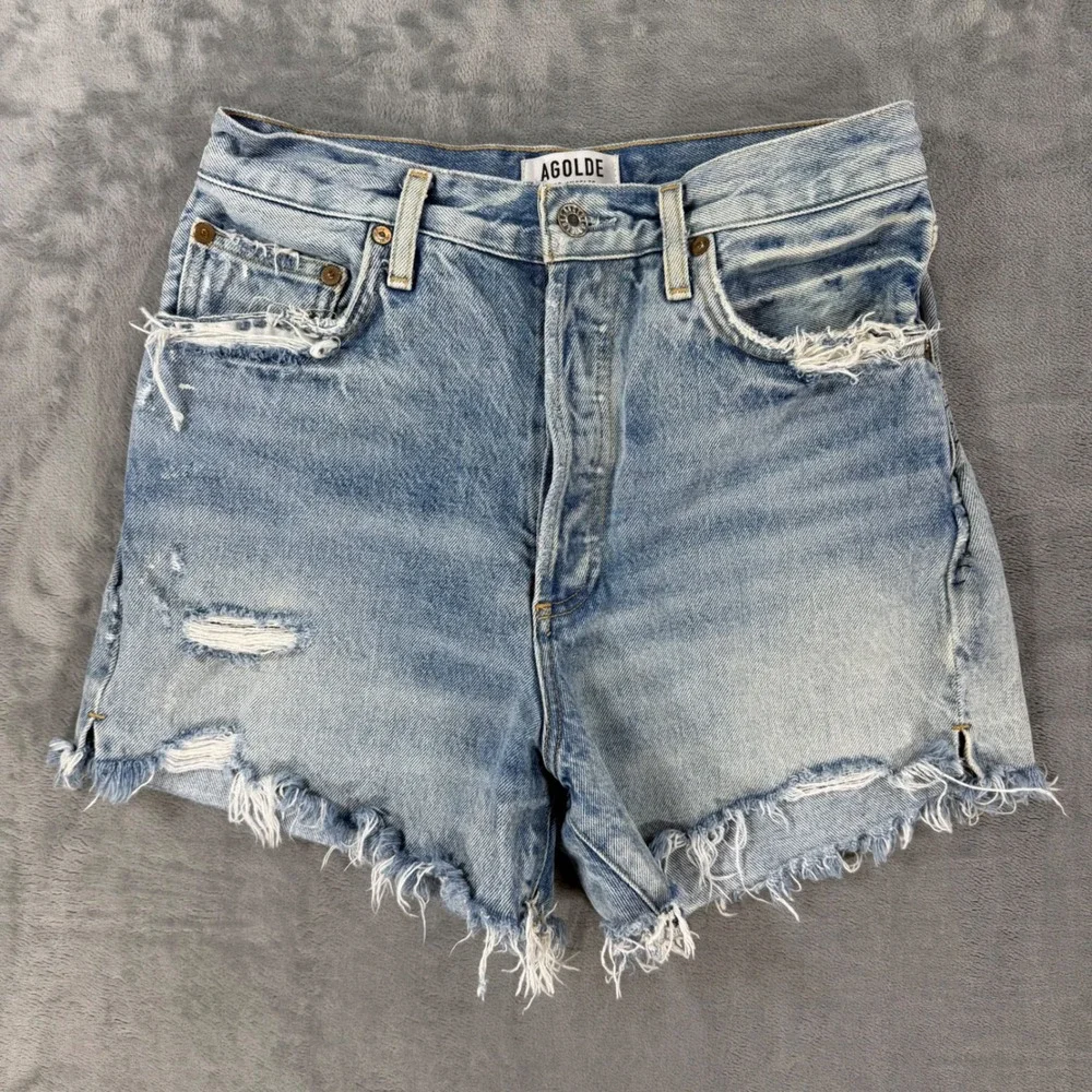 AGOLDE Parker Cut Off Shorts Women's Size 28 Light Blue Distressed Button Fly